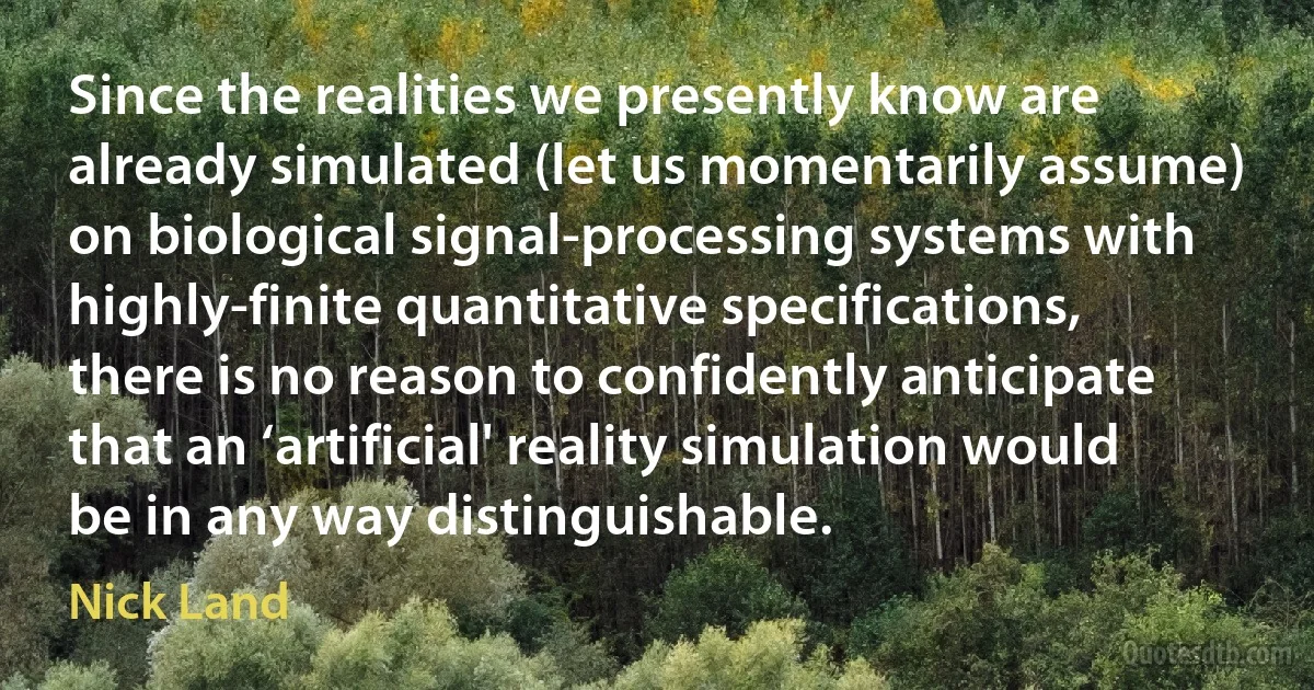 Since the realities we presently know are already simulated (let us momentarily assume) on biological signal-processing systems with highly-finite quantitative specifications, there is no reason to confidently anticipate that an ‘artificial' reality simulation would be in any way distinguishable. (Nick Land)