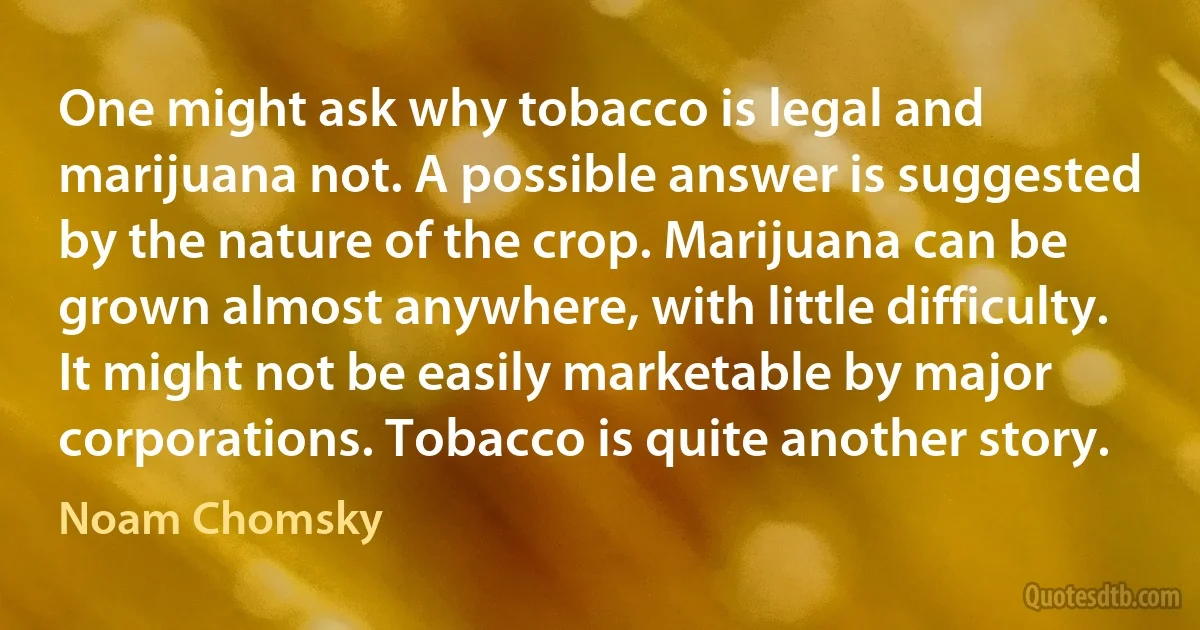 One might ask why tobacco is legal and marijuana not. A possible answer is suggested by the nature of the crop. Marijuana can be grown almost anywhere, with little difficulty. It might not be easily marketable by major corporations. Tobacco is quite another story. (Noam Chomsky)