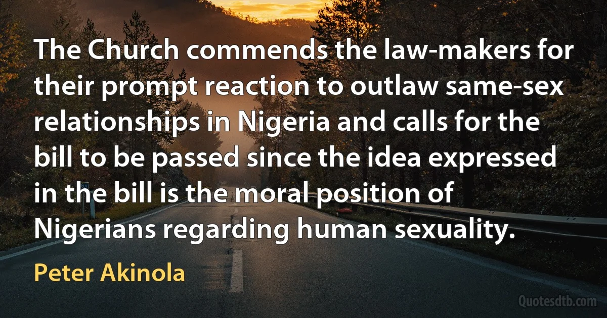 The Church commends the law-makers for their prompt reaction to outlaw same-sex relationships in Nigeria and calls for the bill to be passed since the idea expressed in the bill is the moral position of Nigerians regarding human sexuality. (Peter Akinola)