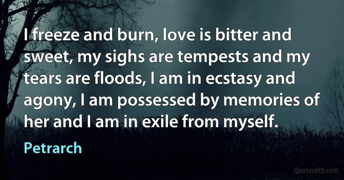 I freeze and burn, love is bitter and sweet, my sighs are tempests and my tears are floods, I am in ecstasy and agony, I am possessed by memories of her and I am in exile from myself. (Petrarch)