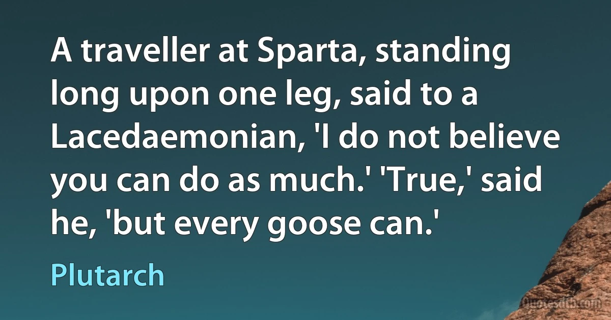 A traveller at Sparta, standing long upon one leg, said to a Lacedaemonian, 'I do not believe you can do as much.' 'True,' said he, 'but every goose can.' (Plutarch)