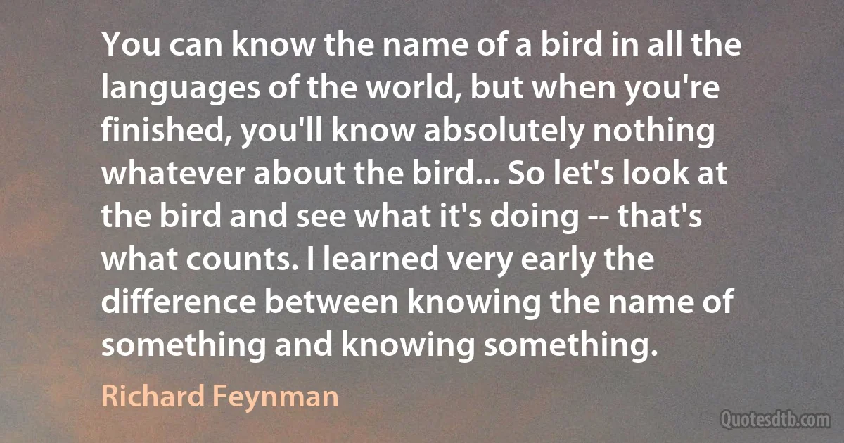 You can know the name of a bird in all the languages of the world, but when you're finished, you'll know absolutely nothing whatever about the bird... So let's look at the bird and see what it's doing -- that's what counts. I learned very early the difference between knowing the name of something and knowing something. (Richard Feynman)