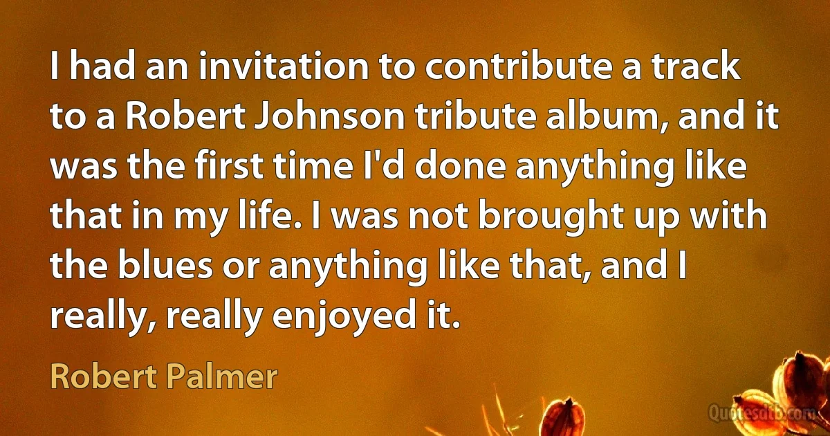 I had an invitation to contribute a track to a Robert Johnson tribute album, and it was the first time I'd done anything like that in my life. I was not brought up with the blues or anything like that, and I really, really enjoyed it. (Robert Palmer)