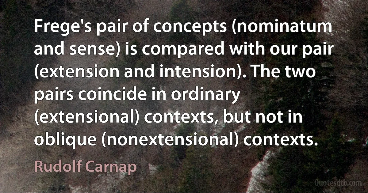 Frege's pair of concepts (nominatum and sense) is compared with our pair (extension and intension). The two pairs coincide in ordinary (extensional) contexts, but not in oblique (nonextensional) contexts. (Rudolf Carnap)