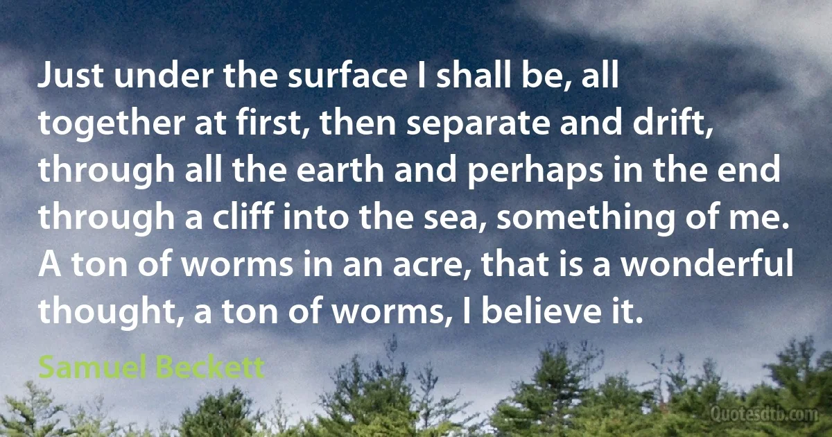 Just under the surface I shall be, all together at first, then separate and drift, through all the earth and perhaps in the end through a cliff into the sea, something of me. A ton of worms in an acre, that is a wonderful thought, a ton of worms, I believe it. (Samuel Beckett)