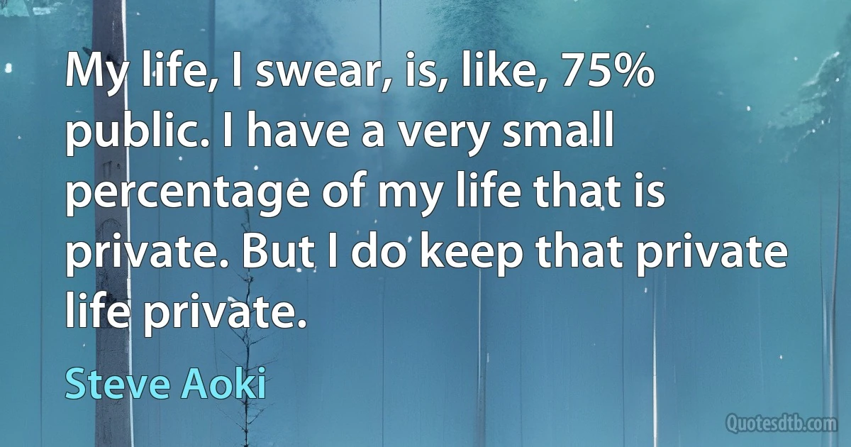 My life, I swear, is, like, 75% public. I have a very small percentage of my life that is private. But I do keep that private life private. (Steve Aoki)