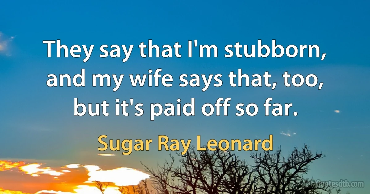 They say that I'm stubborn, and my wife says that, too, but it's paid off so far. (Sugar Ray Leonard)