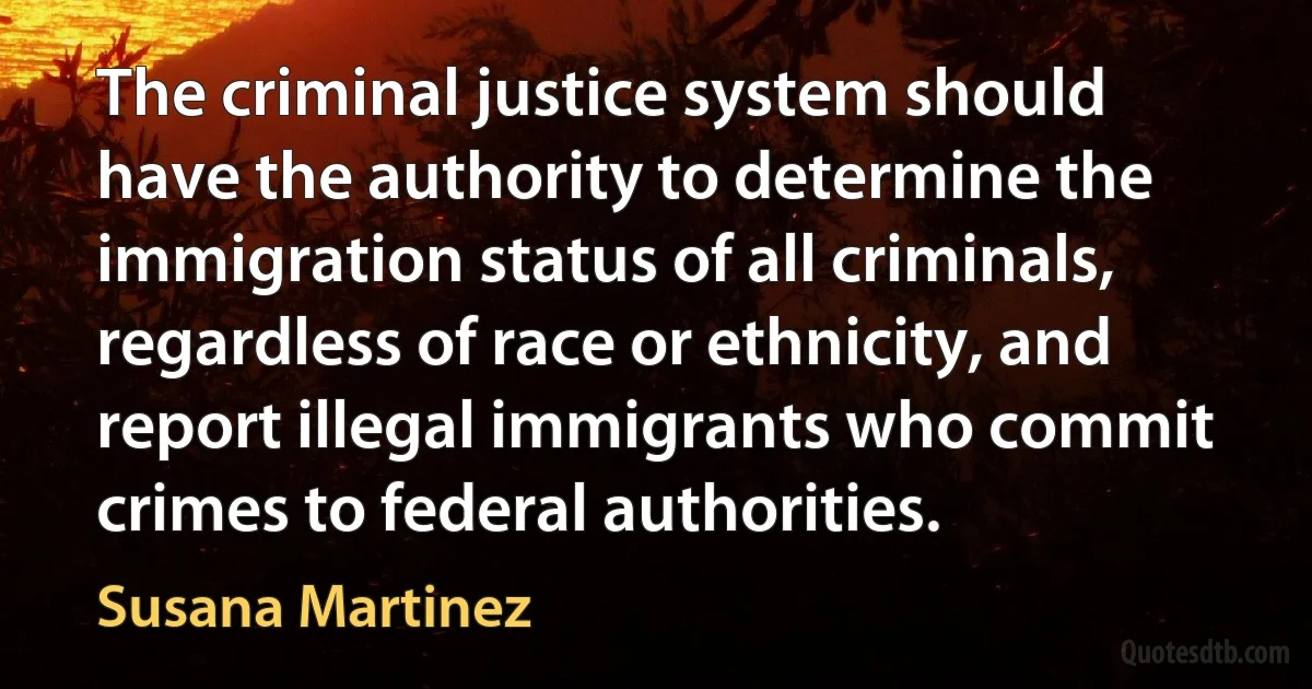 The criminal justice system should have the authority to determine the immigration status of all criminals, regardless of race or ethnicity, and report illegal immigrants who commit crimes to federal authorities. (Susana Martinez)