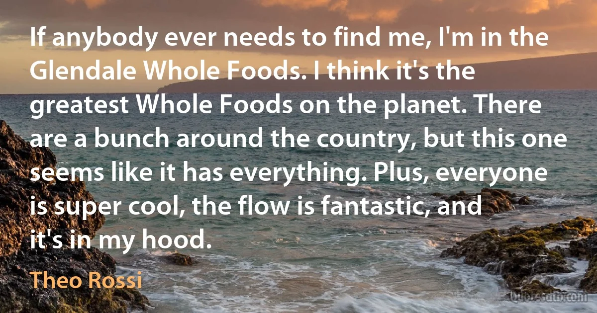 If anybody ever needs to find me, I'm in the Glendale Whole Foods. I think it's the greatest Whole Foods on the planet. There are a bunch around the country, but this one seems like it has everything. Plus, everyone is super cool, the flow is fantastic, and it's in my hood. (Theo Rossi)