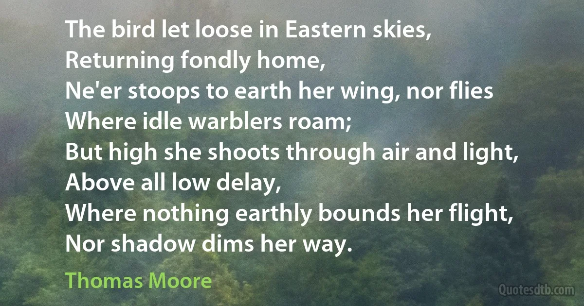 The bird let loose in Eastern skies,
Returning fondly home,
Ne'er stoops to earth her wing, nor flies
Where idle warblers roam;
But high she shoots through air and light,
Above all low delay,
Where nothing earthly bounds her flight,
Nor shadow dims her way. (Thomas Moore)