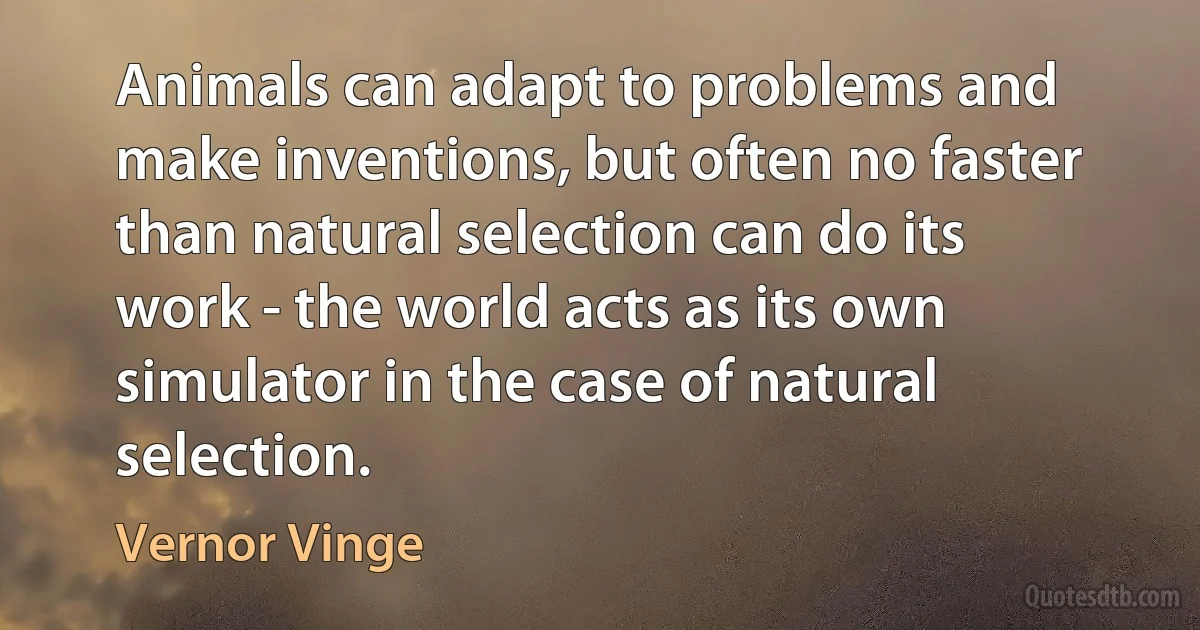 Animals can adapt to problems and make inventions, but often no faster than natural selection can do its work - the world acts as its own simulator in the case of natural selection. (Vernor Vinge)