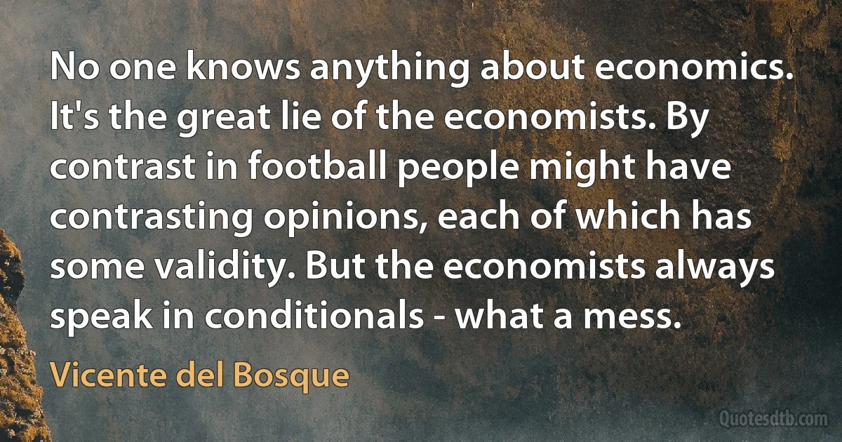 No one knows anything about economics. It's the great lie of the economists. By contrast in football people might have contrasting opinions, each of which has some validity. But the economists always speak in conditionals - what a mess. (Vicente del Bosque)