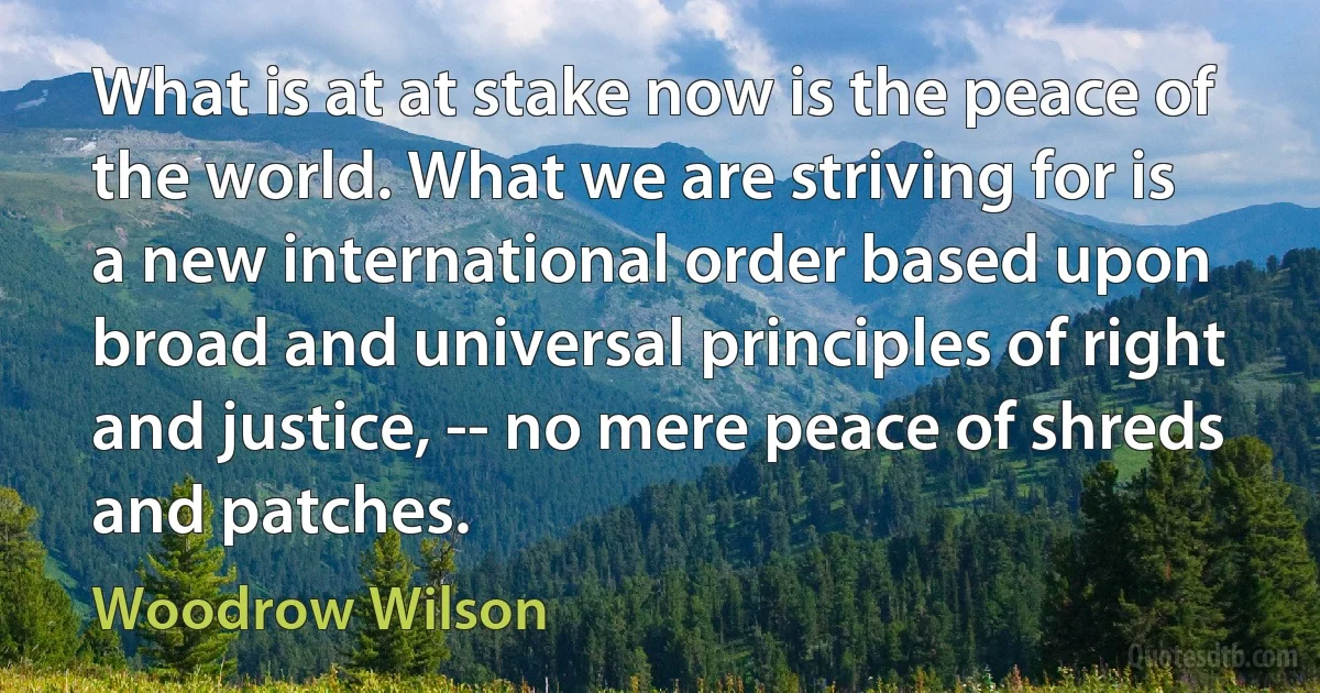 What is at at stake now is the peace of the world. What we are striving for is a new international order based upon broad and universal principles of right and justice, -- no mere peace of shreds and patches. (Woodrow Wilson)