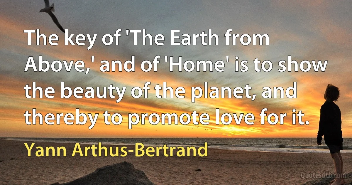 The key of 'The Earth from Above,' and of 'Home' is to show the beauty of the planet, and thereby to promote love for it. (Yann Arthus-Bertrand)