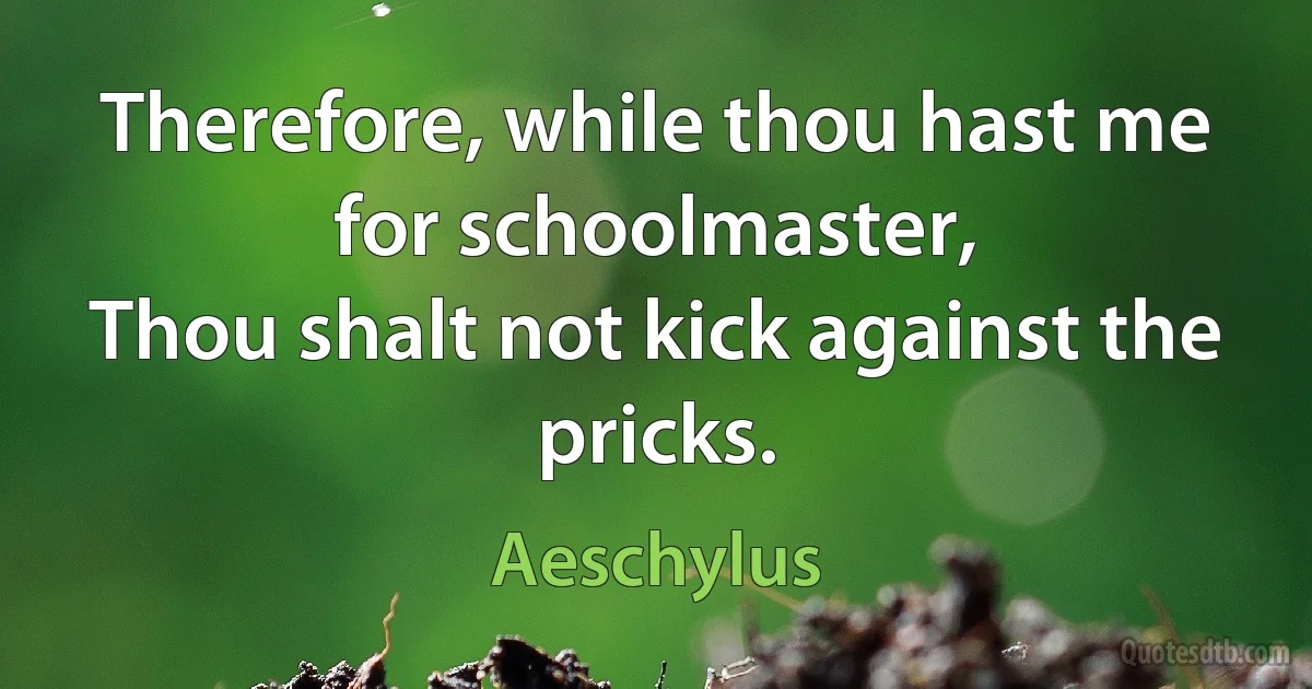 Therefore, while thou hast me for schoolmaster,
Thou shalt not kick against the pricks. (Aeschylus)