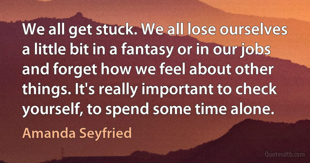 We all get stuck. We all lose ourselves a little bit in a fantasy or in our jobs and forget how we feel about other things. It's really important to check yourself, to spend some time alone. (Amanda Seyfried)