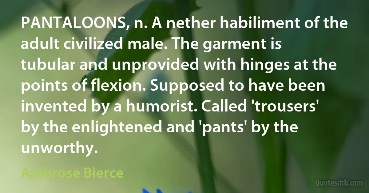 PANTALOONS, n. A nether habiliment of the adult civilized male. The garment is tubular and unprovided with hinges at the points of flexion. Supposed to have been invented by a humorist. Called 'trousers' by the enlightened and 'pants' by the unworthy. (Ambrose Bierce)