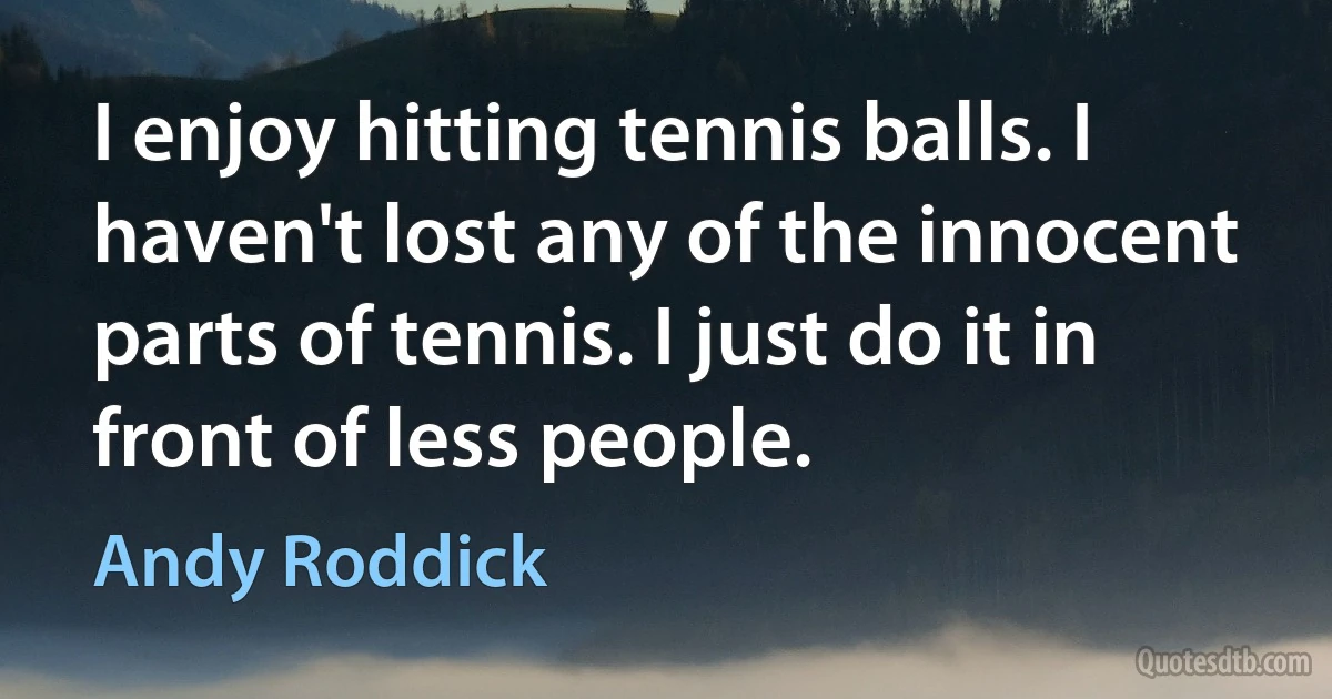 I enjoy hitting tennis balls. I haven't lost any of the innocent parts of tennis. I just do it in front of less people. (Andy Roddick)