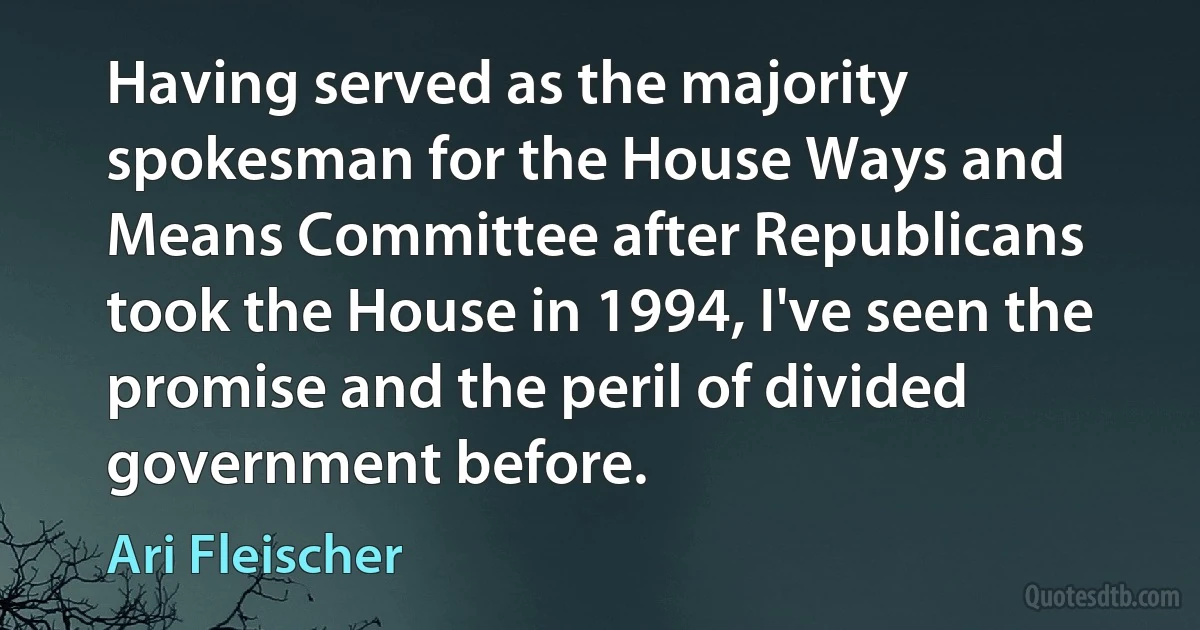 Having served as the majority spokesman for the House Ways and Means Committee after Republicans took the House in 1994, I've seen the promise and the peril of divided government before. (Ari Fleischer)