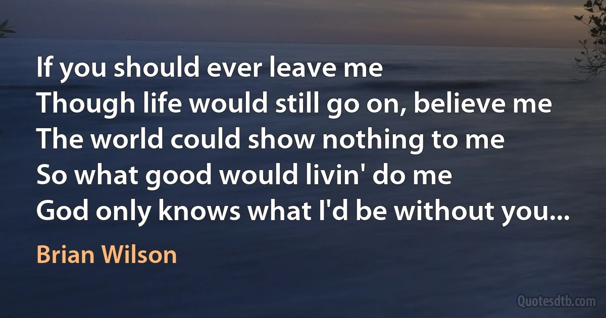 If you should ever leave me
Though life would still go on, believe me
The world could show nothing to me
So what good would livin' do me
God only knows what I'd be without you... (Brian Wilson)