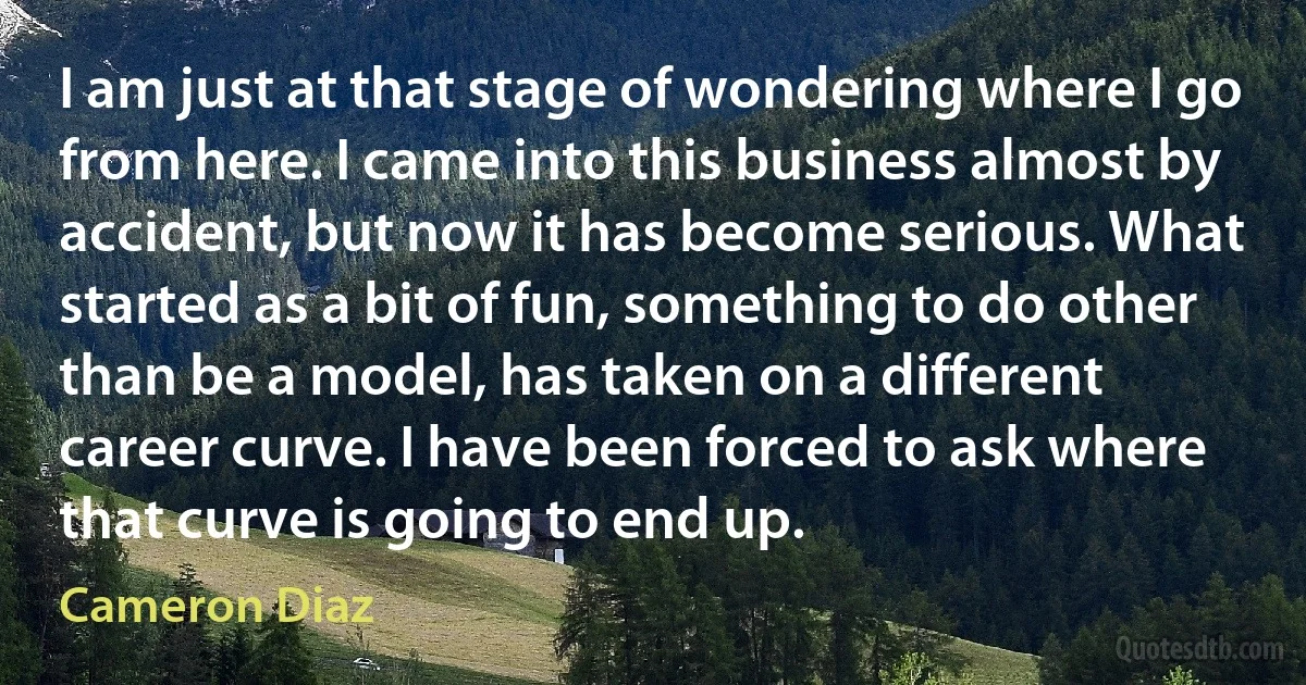 I am just at that stage of wondering where I go from here. I came into this business almost by accident, but now it has become serious. What started as a bit of fun, something to do other than be a model, has taken on a different career curve. I have been forced to ask where that curve is going to end up. (Cameron Diaz)