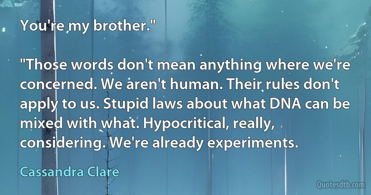 You're my brother."

"Those words don't mean anything where we're concerned. We aren't human. Their rules don't apply to us. Stupid laws about what DNA can be mixed with what. Hypocritical, really, considering. We're already experiments. (Cassandra Clare)