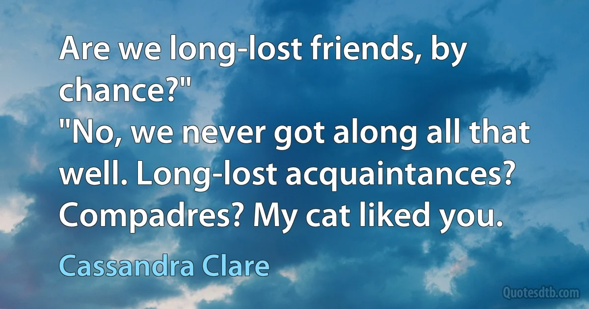 Are we long-lost friends, by chance?"
"No, we never got along all that well. Long-lost acquaintances? Compadres? My cat liked you. (Cassandra Clare)