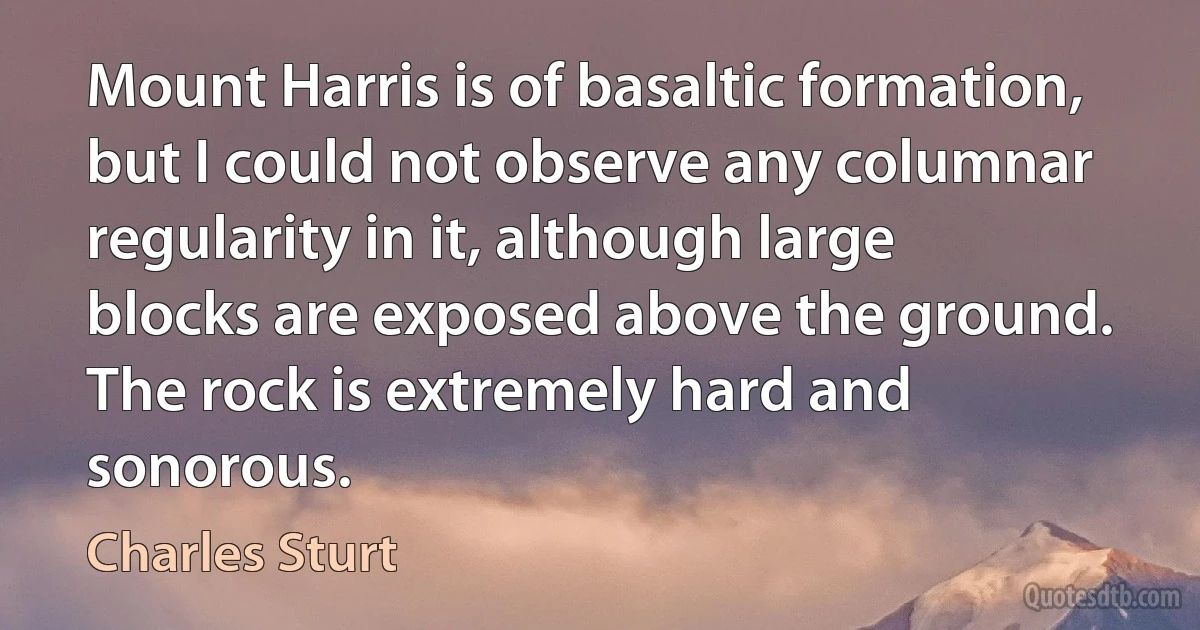 Mount Harris is of basaltic formation, but I could not observe any columnar regularity in it, although large blocks are exposed above the ground. The rock is extremely hard and sonorous. (Charles Sturt)