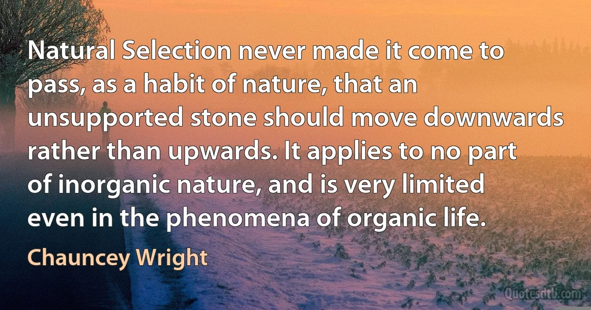 Natural Selection never made it come to pass, as a habit of nature, that an unsupported stone should move downwards rather than upwards. It applies to no part of inorganic nature, and is very limited even in the phenomena of organic life. (Chauncey Wright)