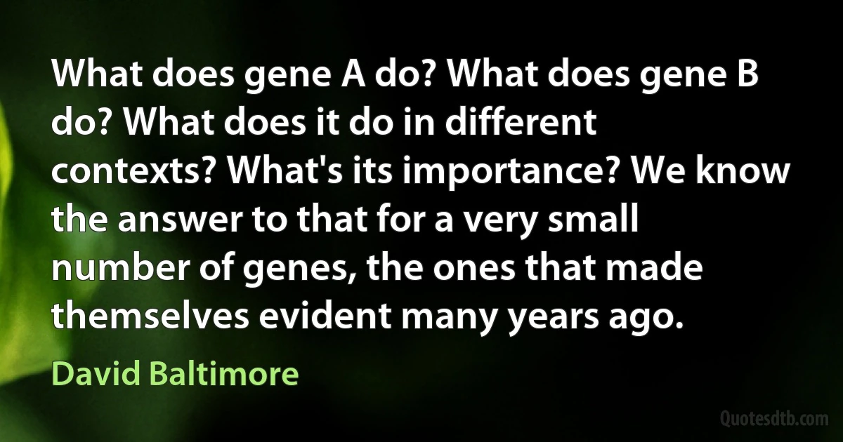 What does gene A do? What does gene B do? What does it do in different contexts? What's its importance? We know the answer to that for a very small number of genes, the ones that made themselves evident many years ago. (David Baltimore)