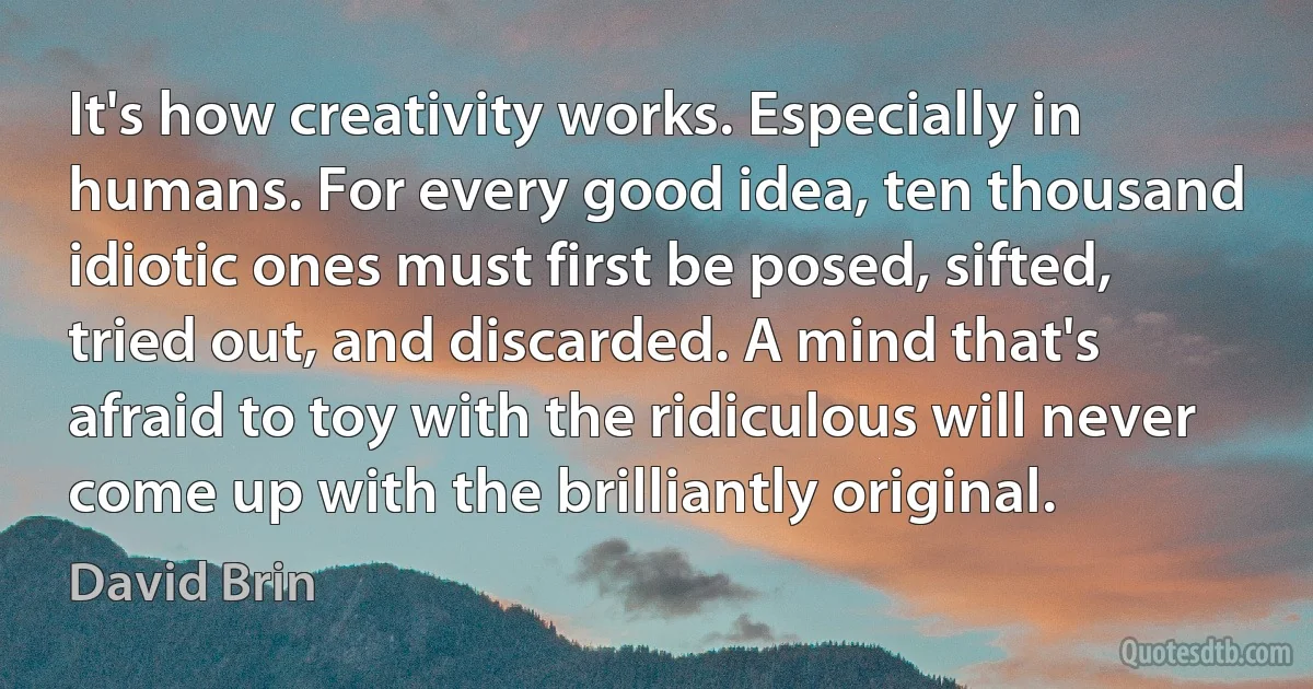 It's how creativity works. Especially in humans. For every good idea, ten thousand idiotic ones must first be posed, sifted, tried out, and discarded. A mind that's afraid to toy with the ridiculous will never come up with the brilliantly original. (David Brin)