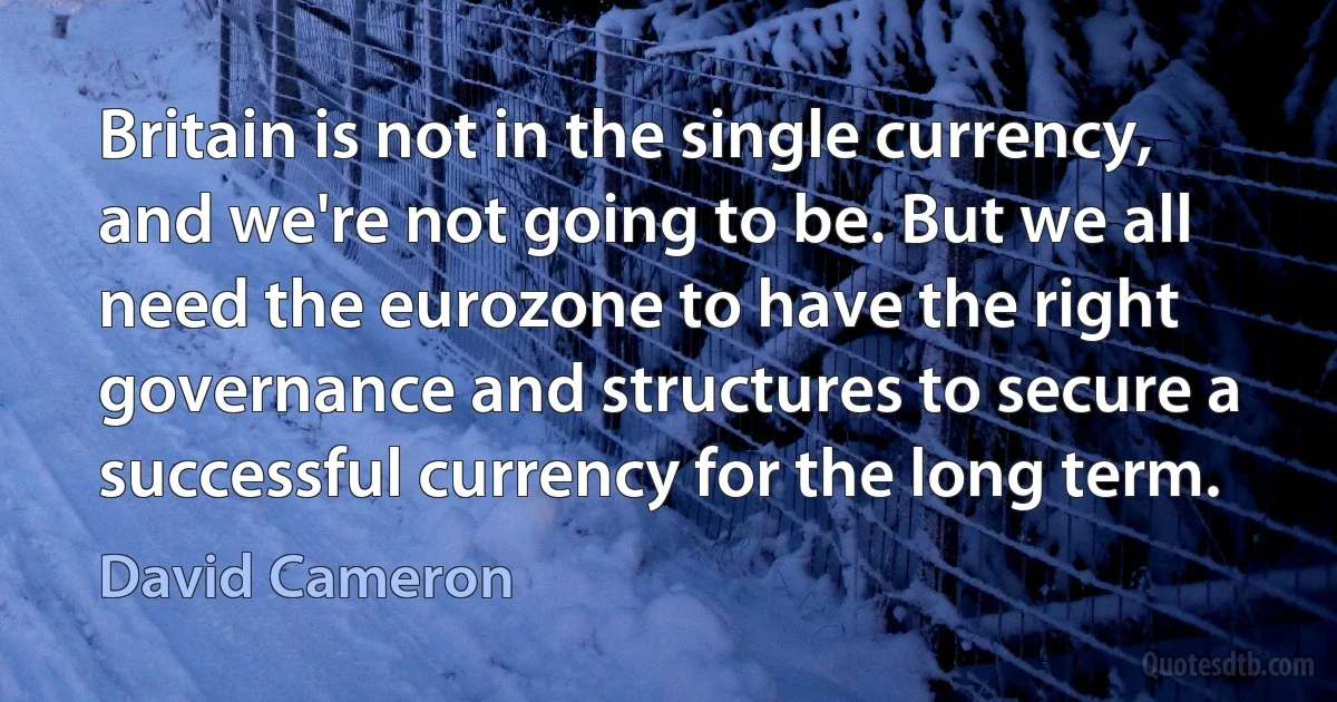 Britain is not in the single currency, and we're not going to be. But we all need the eurozone to have the right governance and structures to secure a successful currency for the long term. (David Cameron)