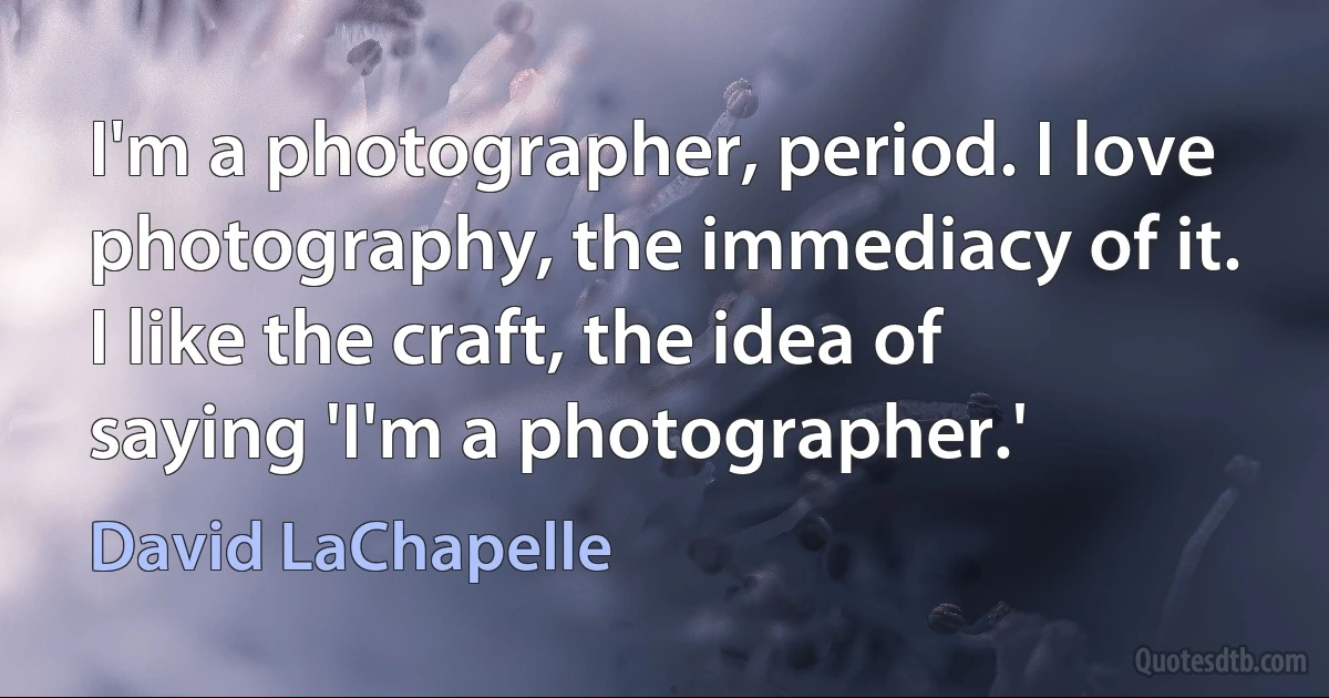 I'm a photographer, period. I love photography, the immediacy of it. I like the craft, the idea of saying 'I'm a photographer.' (David LaChapelle)