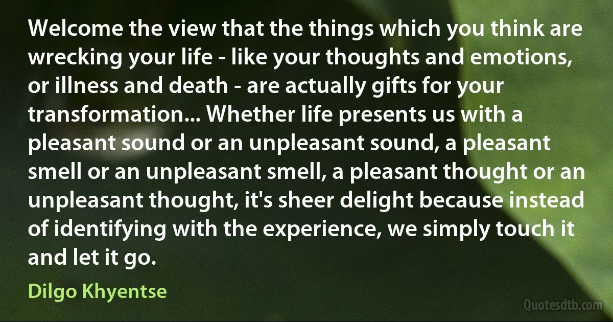 Welcome the view that the things which you think are wrecking your life - like your thoughts and emotions, or illness and death - are actually gifts for your transformation... Whether life presents us with a pleasant sound or an unpleasant sound, a pleasant smell or an unpleasant smell, a pleasant thought or an unpleasant thought, it's sheer delight because instead of identifying with the experience, we simply touch it and let it go. (Dilgo Khyentse)