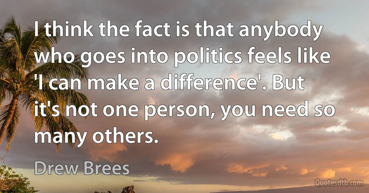 I think the fact is that anybody who goes into politics feels like 'I can make a difference'. But it's not one person, you need so many others. (Drew Brees)