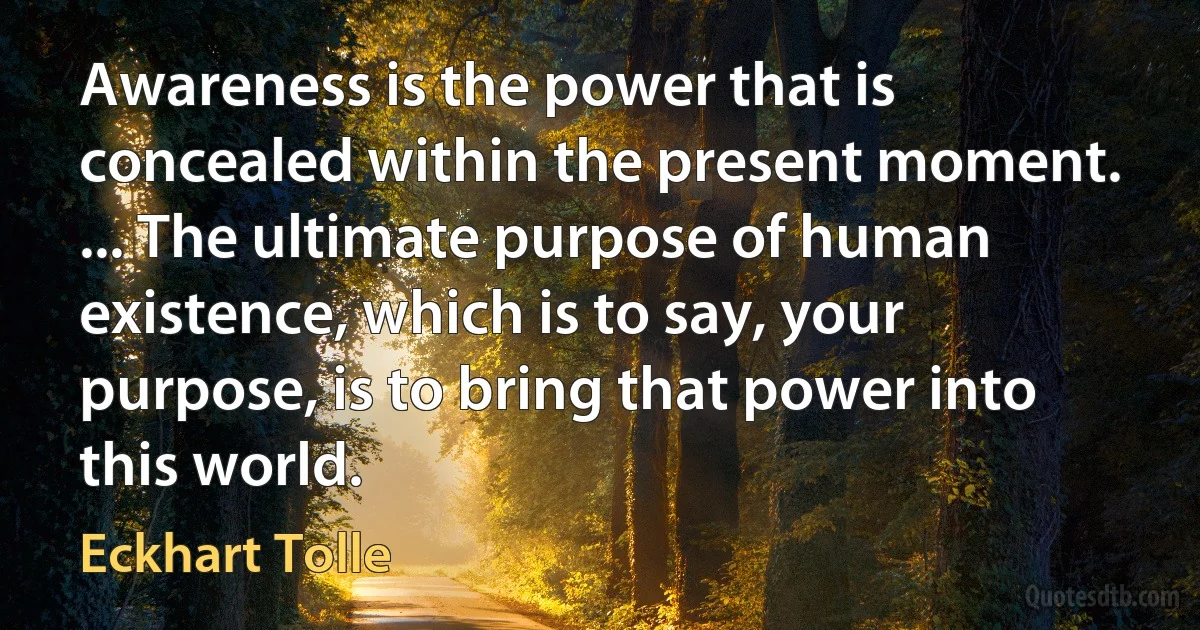 Awareness is the power that is concealed within the present moment. ... The ultimate purpose of human existence, which is to say, your purpose, is to bring that power into this world. (Eckhart Tolle)