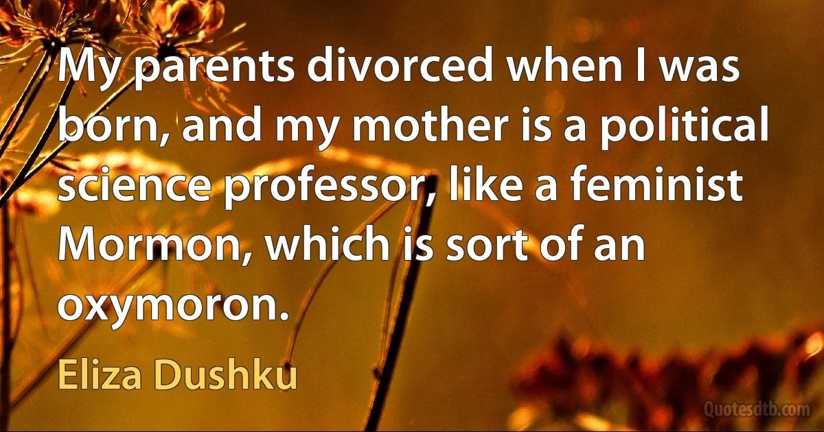 My parents divorced when I was born, and my mother is a political science professor, like a feminist Mormon, which is sort of an oxymoron. (Eliza Dushku)