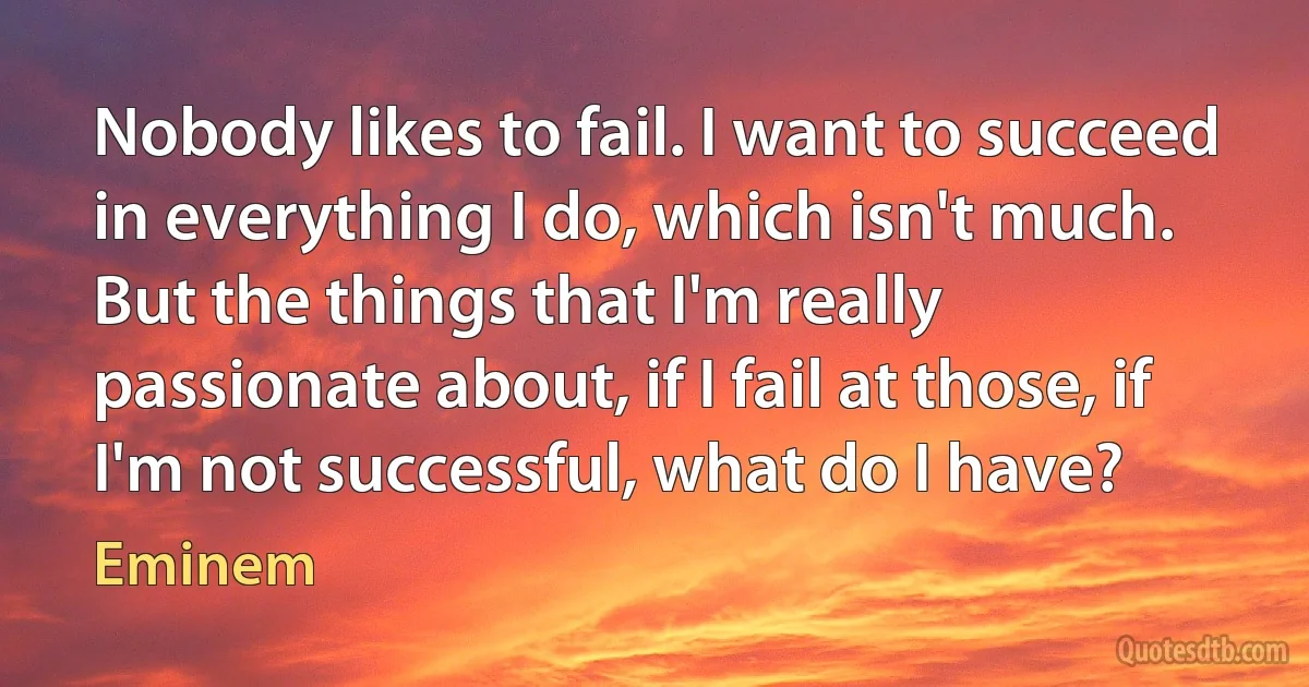 Nobody likes to fail. I want to succeed in everything I do, which isn't much. But the things that I'm really passionate about, if I fail at those, if I'm not successful, what do I have? (Eminem)