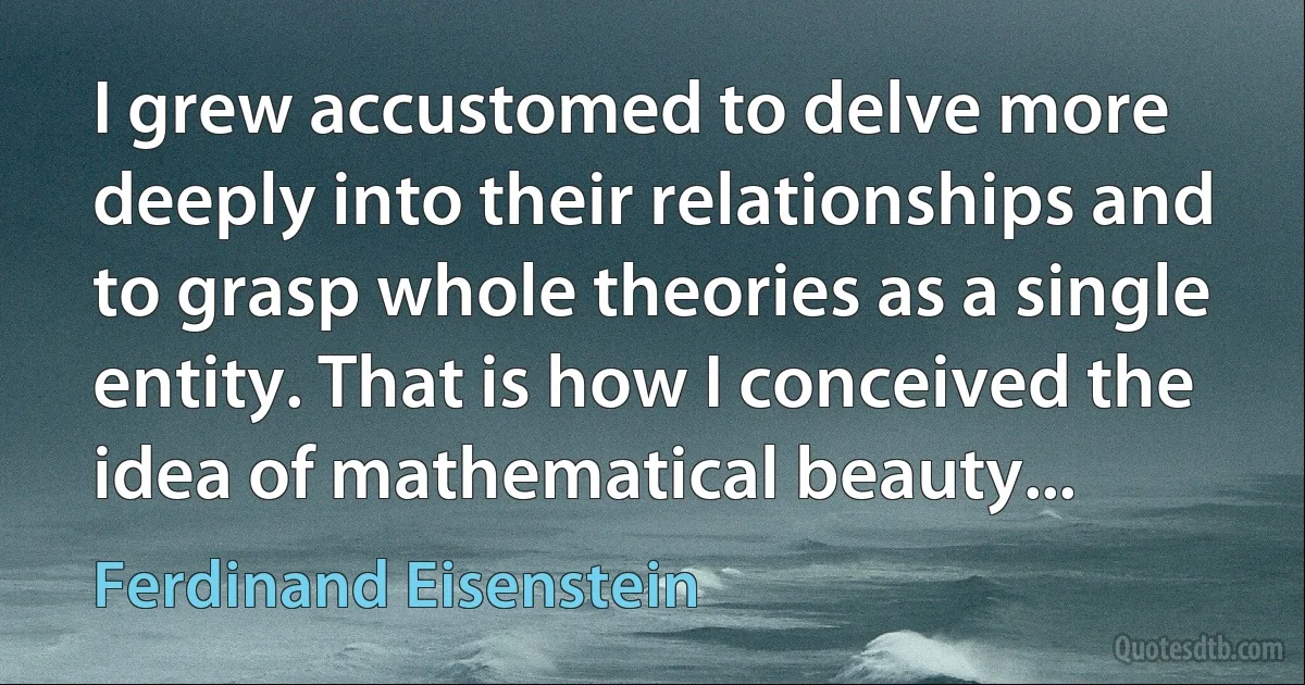 I grew accustomed to delve more deeply into their relationships and to grasp whole theories as a single entity. That is how I conceived the idea of mathematical beauty... (Ferdinand Eisenstein)