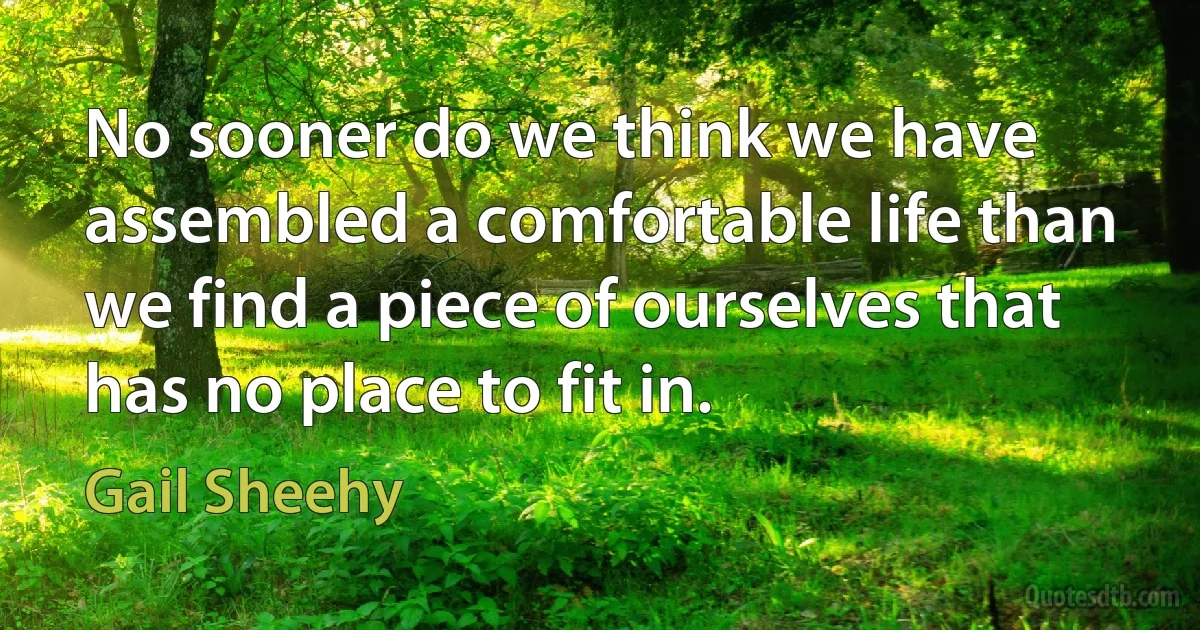 No sooner do we think we have assembled a comfortable life than we find a piece of ourselves that has no place to fit in. (Gail Sheehy)