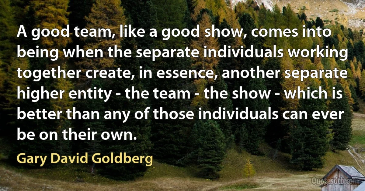 A good team, like a good show, comes into being when the separate individuals working together create, in essence, another separate higher entity - the team - the show - which is better than any of those individuals can ever be on their own. (Gary David Goldberg)