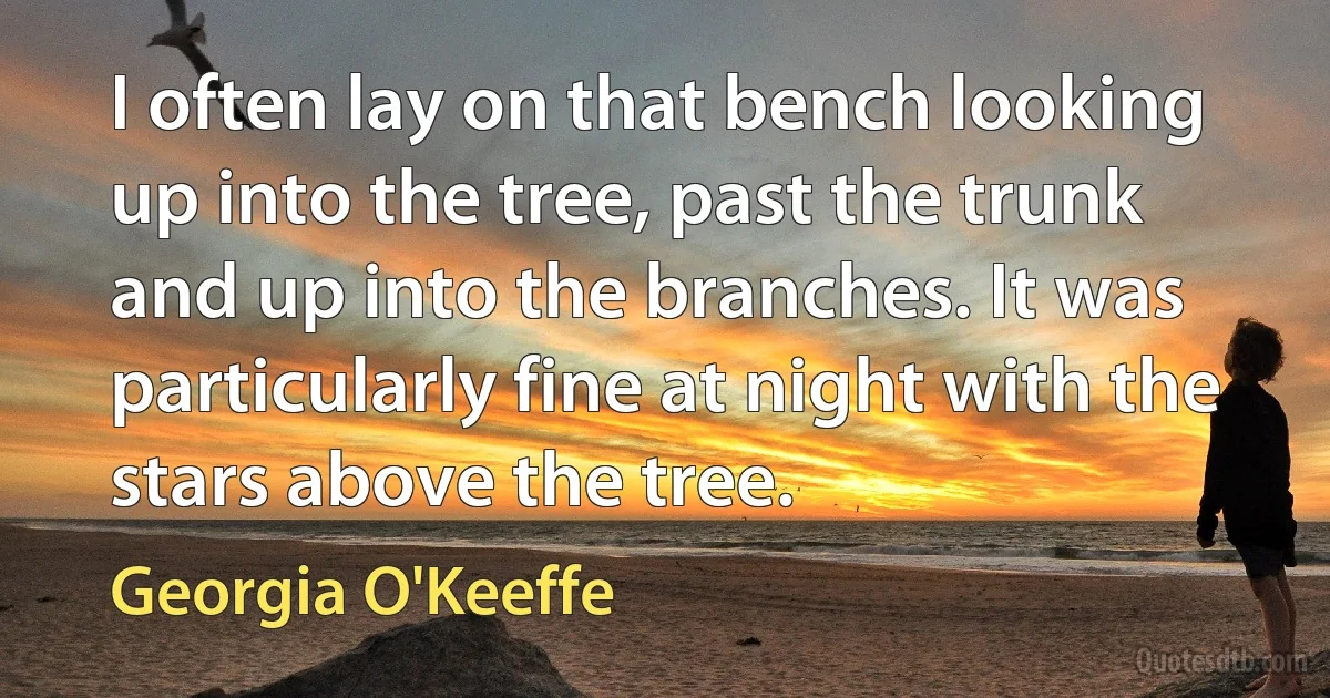 I often lay on that bench looking up into the tree, past the trunk and up into the branches. It was particularly fine at night with the stars above the tree. (Georgia O'Keeffe)