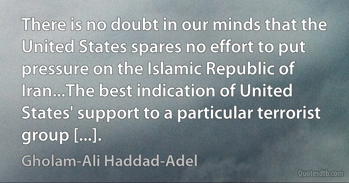 There is no doubt in our minds that the United States spares no effort to put pressure on the Islamic Republic of Iran...The best indication of United States' support to a particular terrorist group [...]. (Gholam-Ali Haddad-Adel)