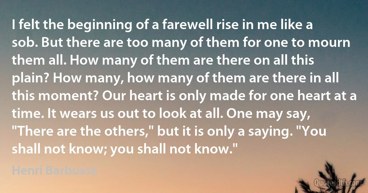 I felt the beginning of a farewell rise in me like a sob. But there are too many of them for one to mourn them all. How many of them are there on all this plain? How many, how many of them are there in all this moment? Our heart is only made for one heart at a time. It wears us out to look at all. One may say, "There are the others," but it is only a saying. "You shall not know; you shall not know." (Henri Barbusse)