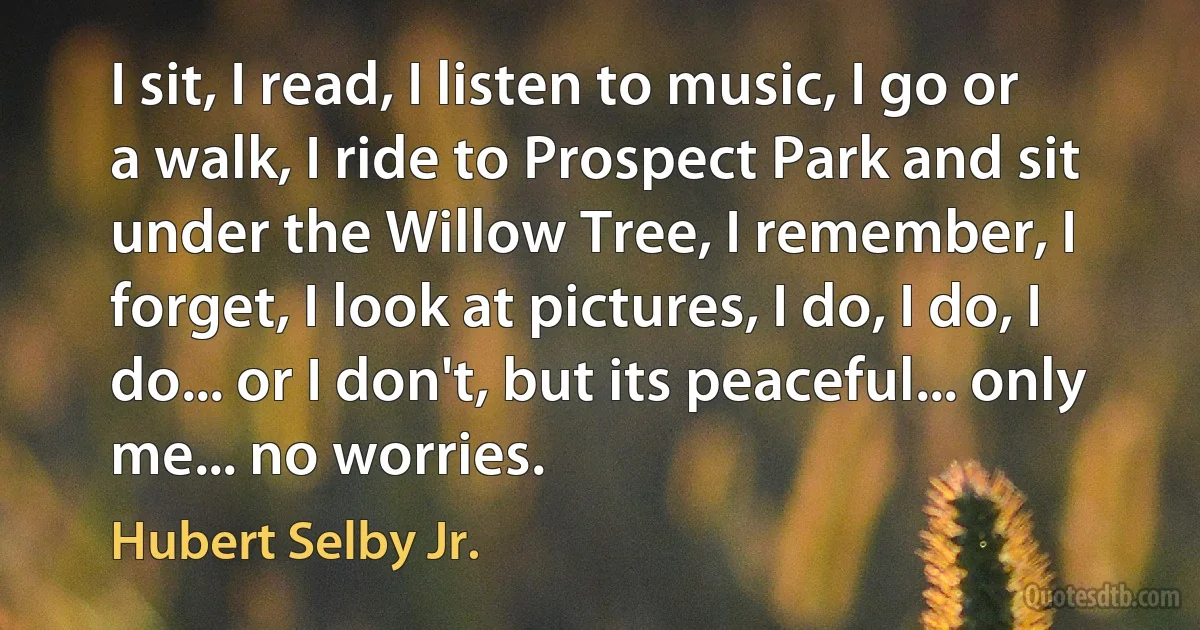 I sit, I read, I listen to music, I go or a walk, I ride to Prospect Park and sit under the Willow Tree, I remember, I forget, I look at pictures, I do, I do, I do... or I don't, but its peaceful... only me... no worries. (Hubert Selby Jr.)