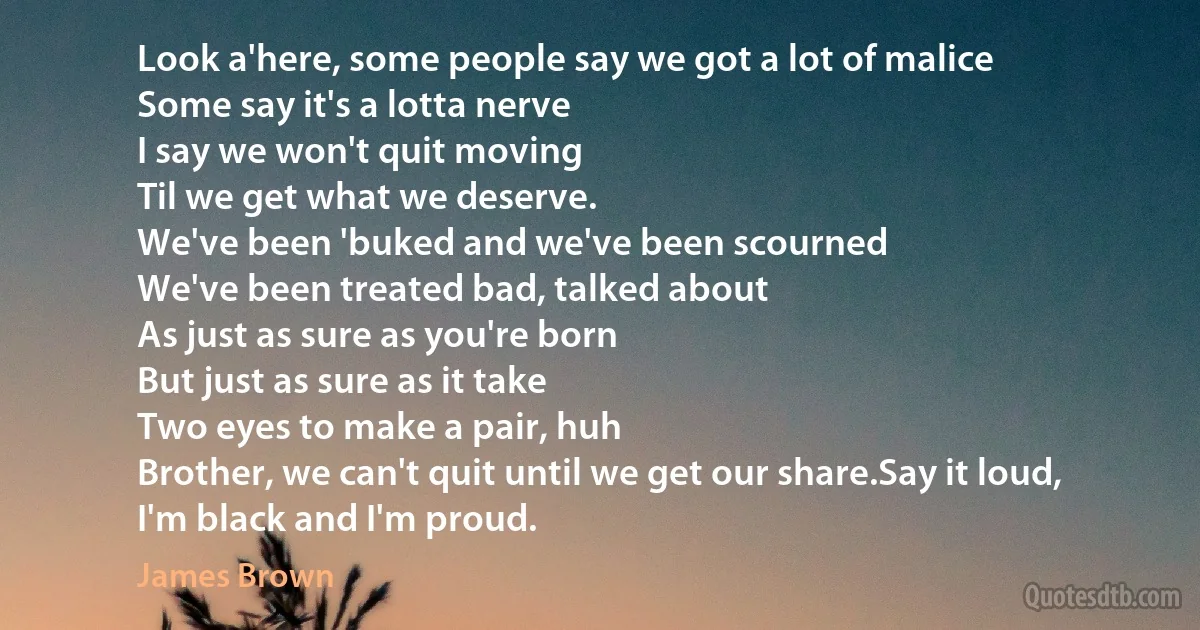 Look a'here, some people say we got a lot of malice
Some say it's a lotta nerve
I say we won't quit moving
Til we get what we deserve.
We've been 'buked and we've been scourned
We've been treated bad, talked about
As just as sure as you're born
But just as sure as it take
Two eyes to make a pair, huh
Brother, we can't quit until we get our share.Say it loud,
I'm black and I'm proud. (James Brown)