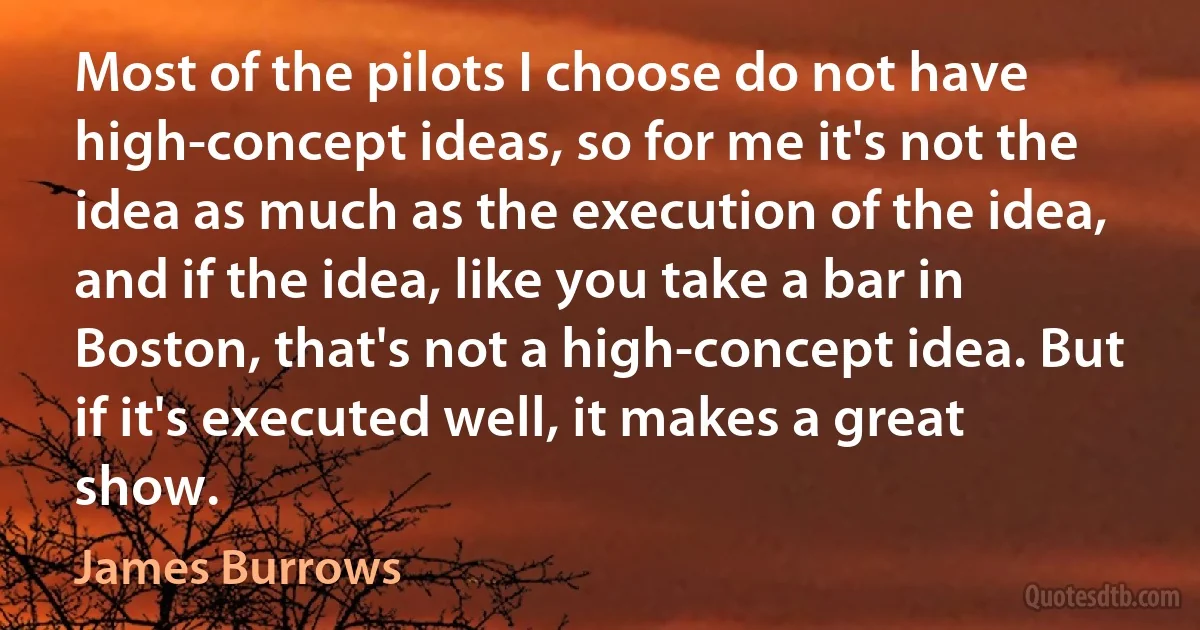 Most of the pilots I choose do not have high-concept ideas, so for me it's not the idea as much as the execution of the idea, and if the idea, like you take a bar in Boston, that's not a high-concept idea. But if it's executed well, it makes a great show. (James Burrows)