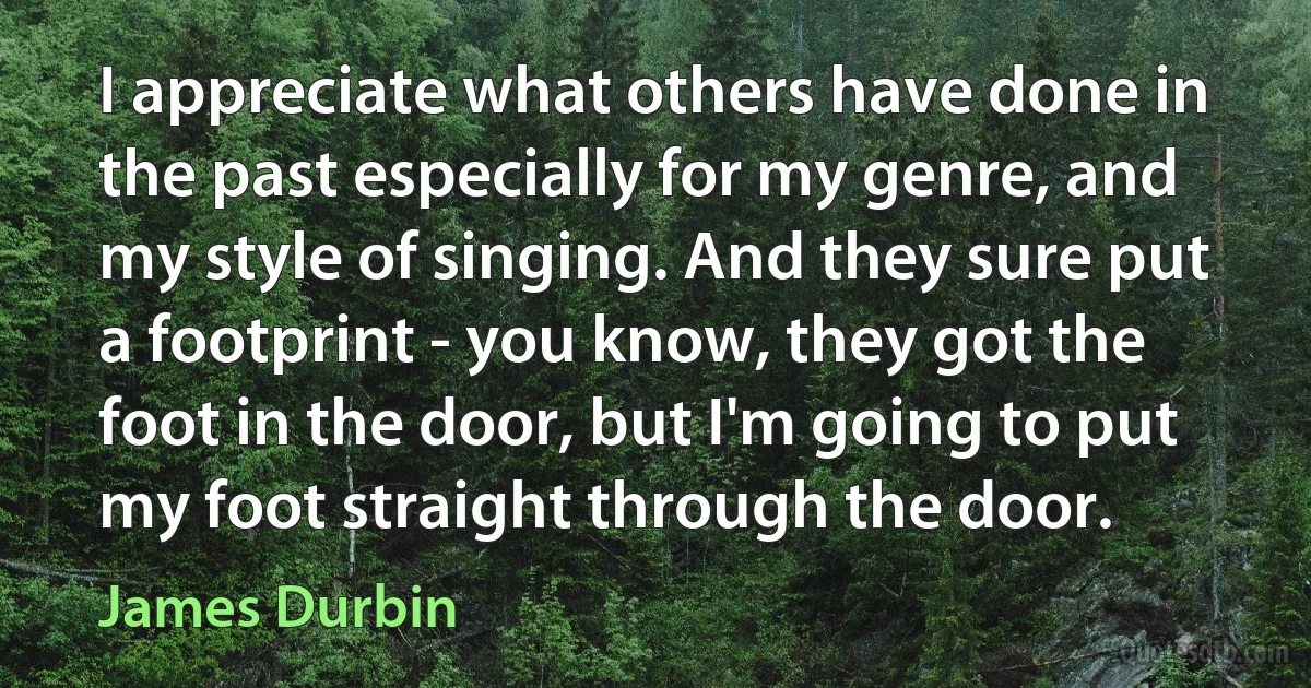 I appreciate what others have done in the past especially for my genre, and my style of singing. And they sure put a footprint - you know, they got the foot in the door, but I'm going to put my foot straight through the door. (James Durbin)