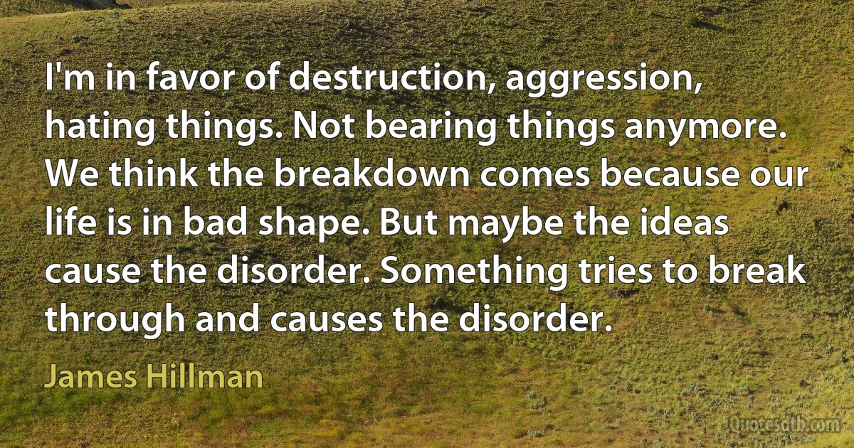 I'm in favor of destruction, aggression, hating things. Not bearing things anymore. We think the breakdown comes because our life is in bad shape. But maybe the ideas cause the disorder. Something tries to break through and causes the disorder. (James Hillman)