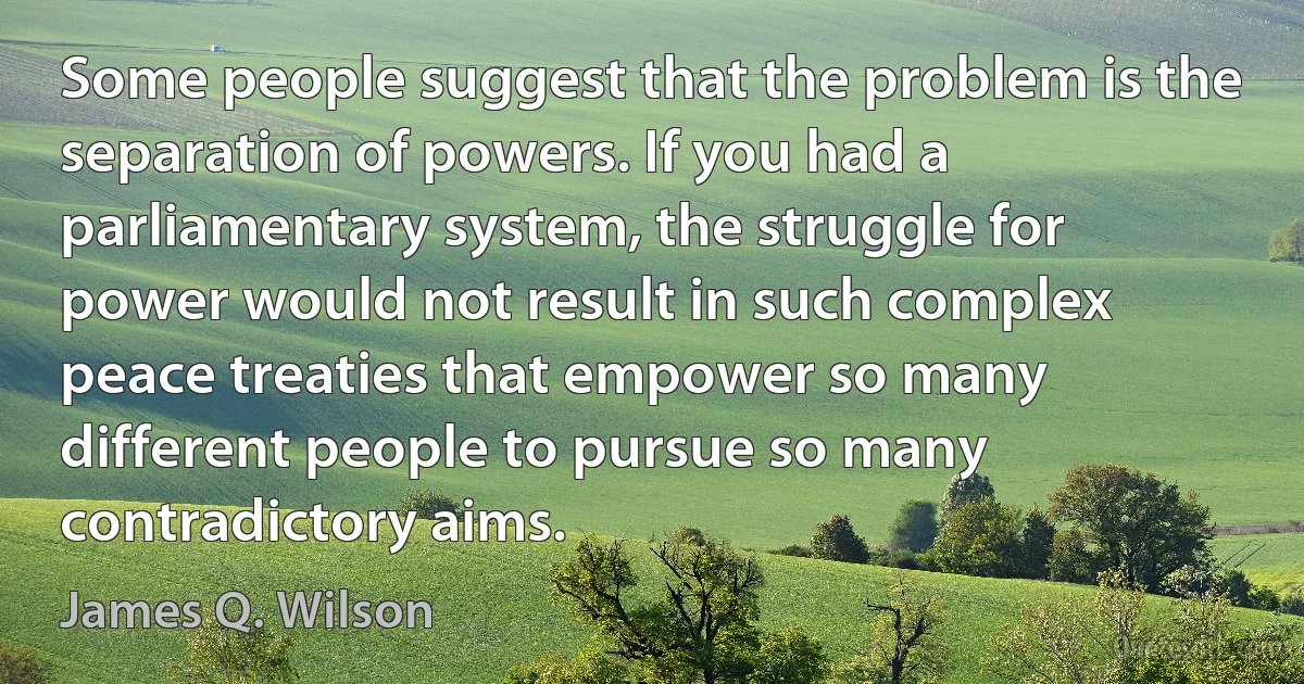 Some people suggest that the problem is the separation of powers. If you had a parliamentary system, the struggle for power would not result in such complex peace treaties that empower so many different people to pursue so many contradictory aims. (James Q. Wilson)